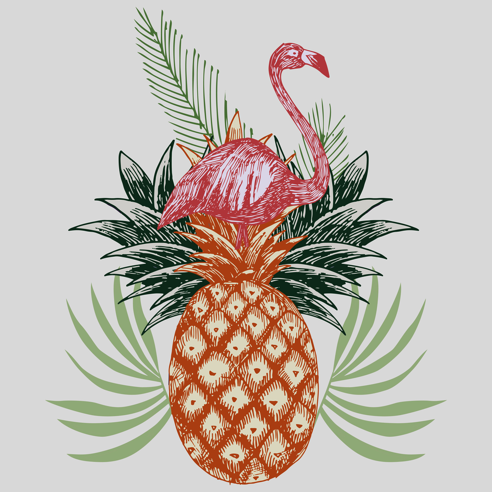 Hand drawn pink flamingo on pineapple tropical print