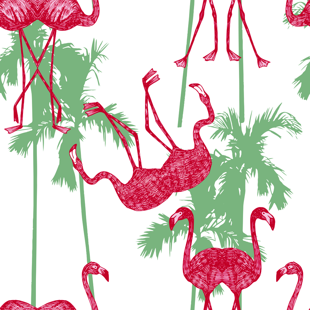 Mirror hand drawn pink flamingo on the palm background. Seamless pattern vector background
