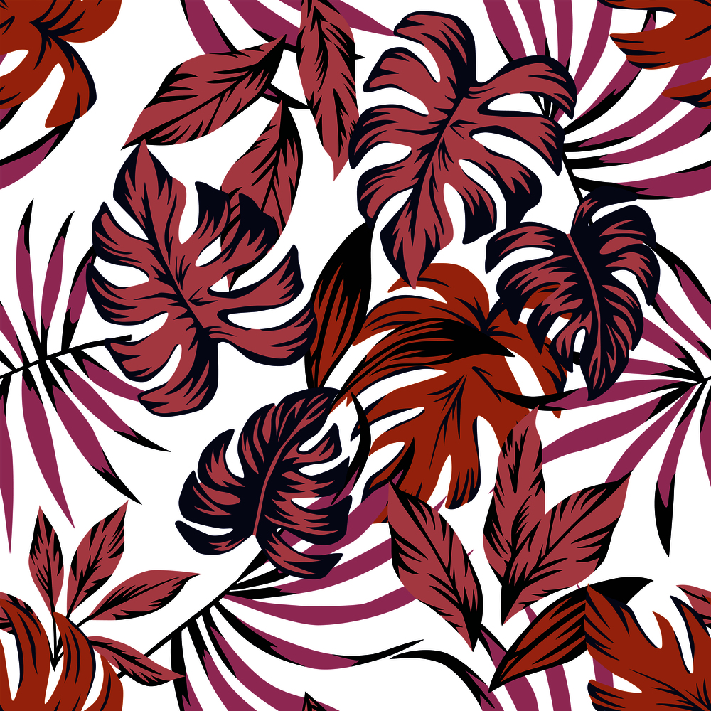 Tropical leaves abstract color seamless on the white background. Flat vector wallpaper