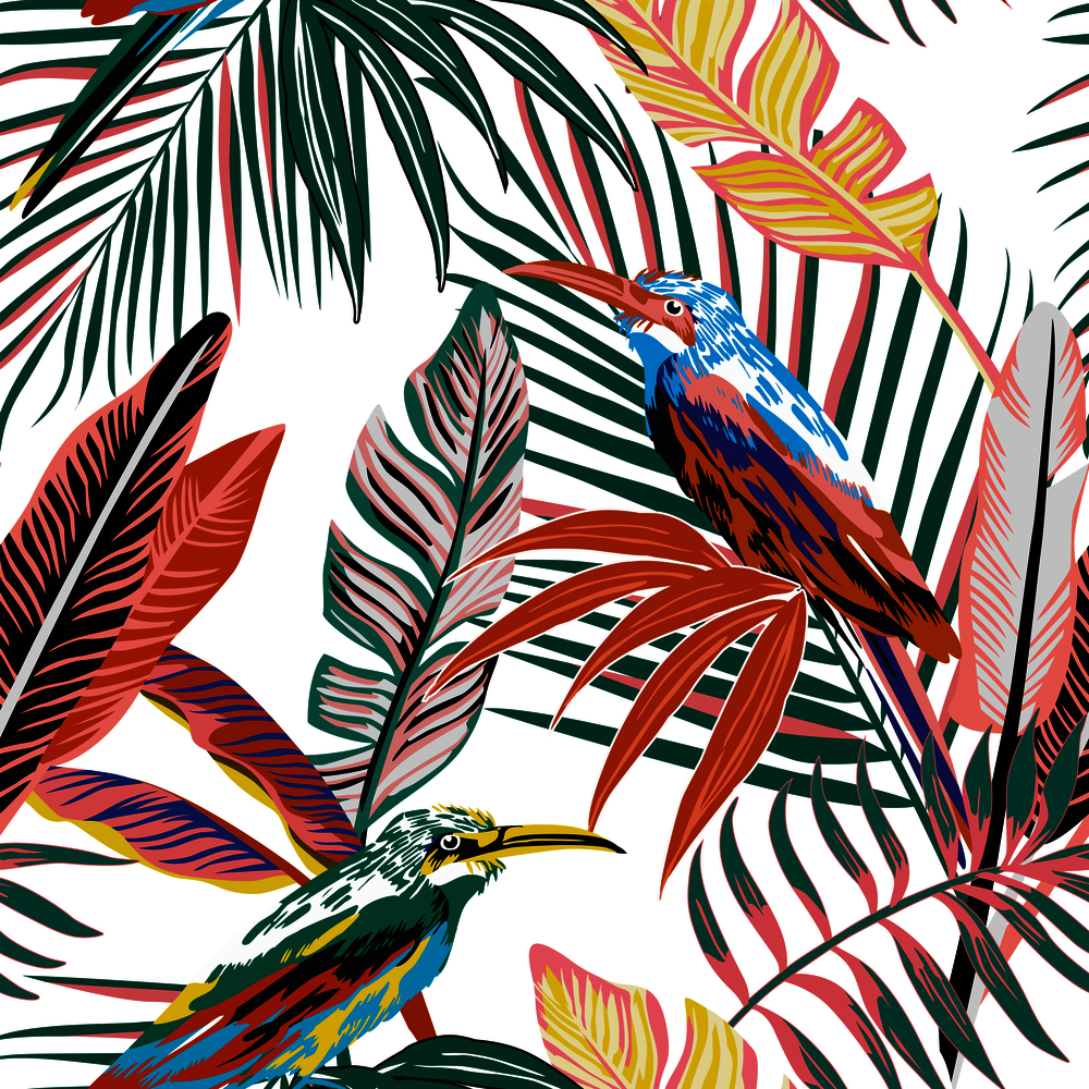 Abstract color tropical birds in the jungle seamless background. Beach palm leaves vector pattern wallpaper
