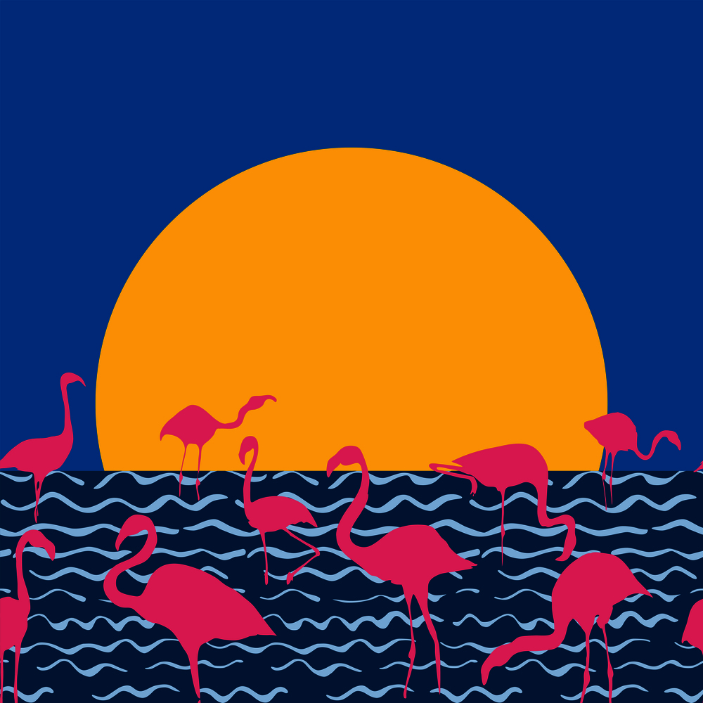Flamingo on the sunset sea sitting sun, hand drawn vector illustration. Beach print wallpaper
