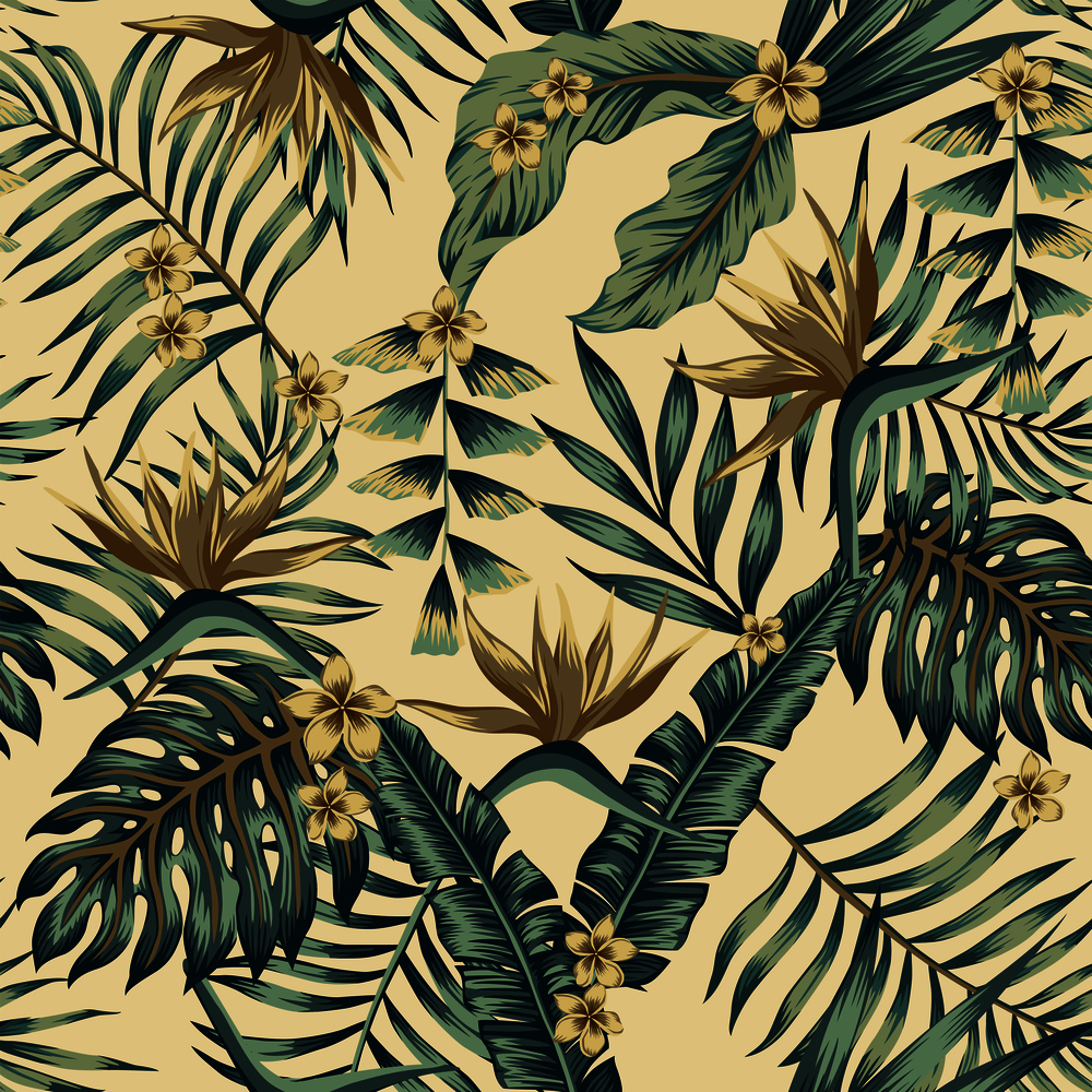 Tropical leaves and gold flowers seamless  cheerful pattern wallpaper of palm trees and bird of paradise (strelitzia) plumeria on a beige background