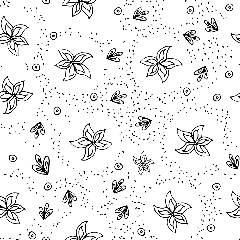 Creative hand drawn painted in ink flowers seamless repeat pattern on white background