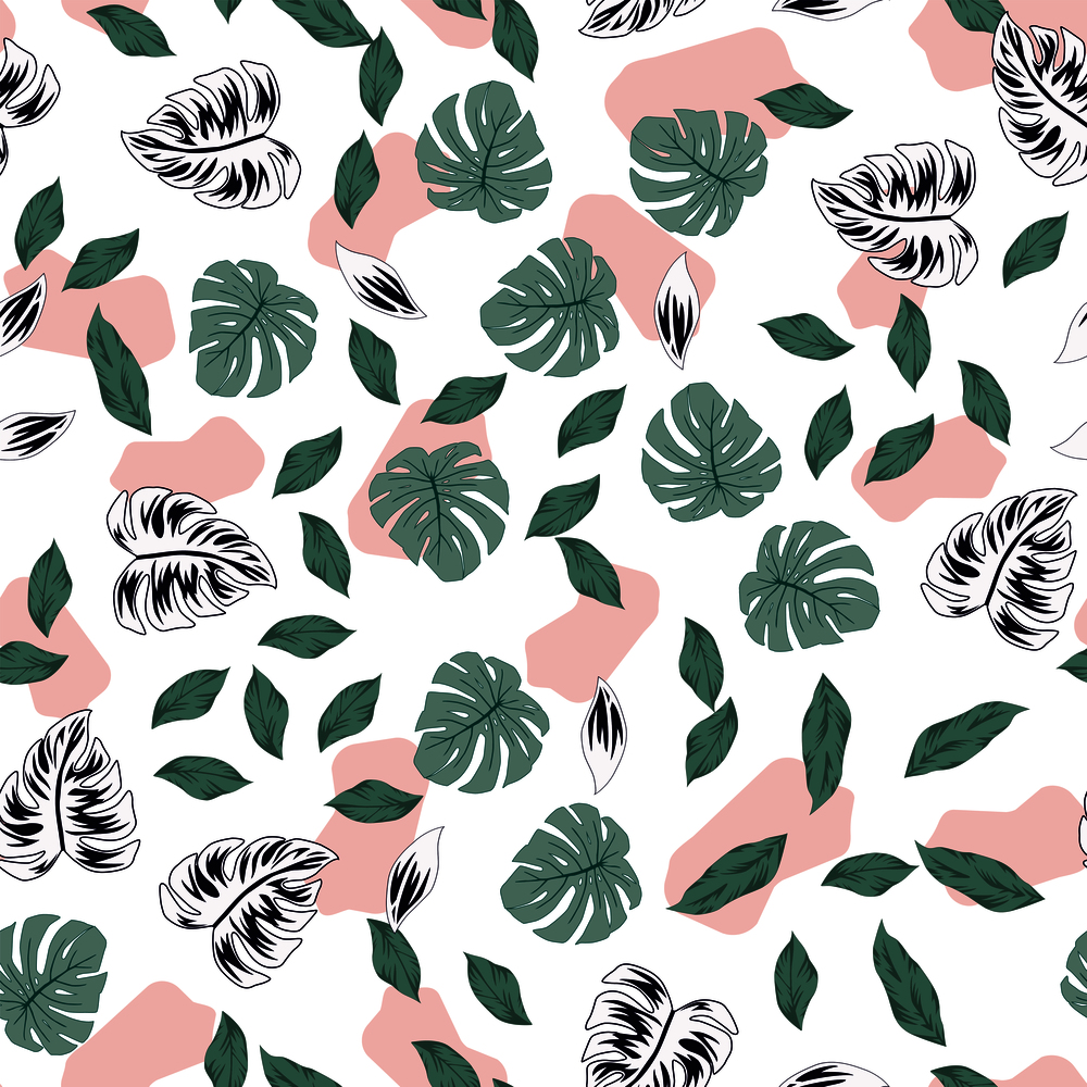Vector illustration tropical exotic leaves monstera seamless pattern spotted texture background trendy faded washed colors
