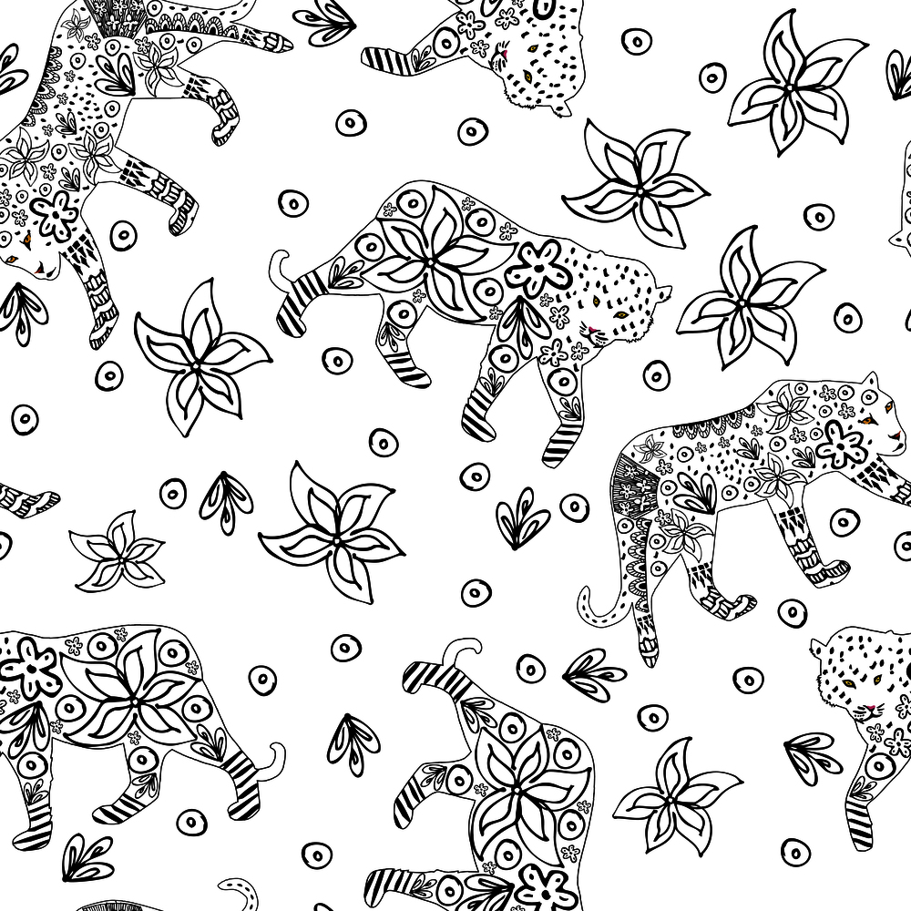 Creative cartoon hand drawn tiger and leopard in ink flowers seamless repeat pattern on white  background
