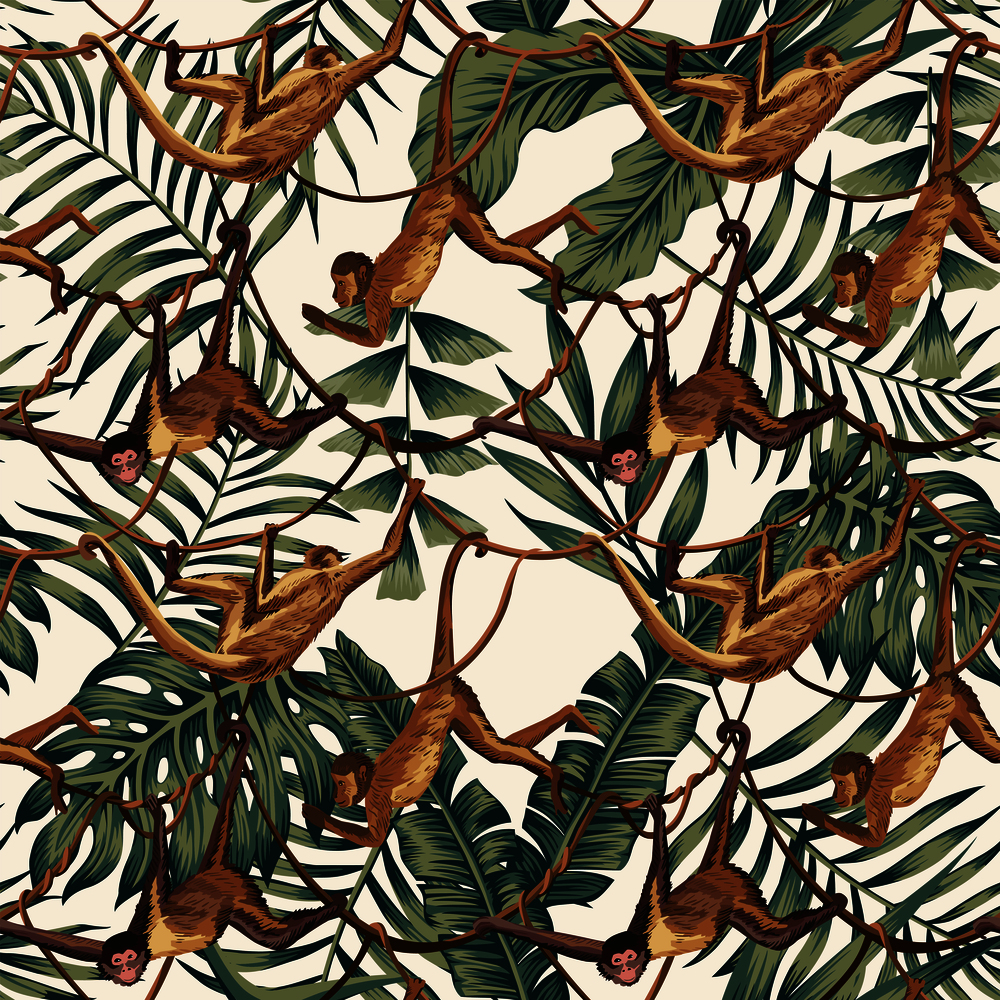 Wild animal monkeys on creepers liana on the tropical leaves background seamles tropical pattern composition