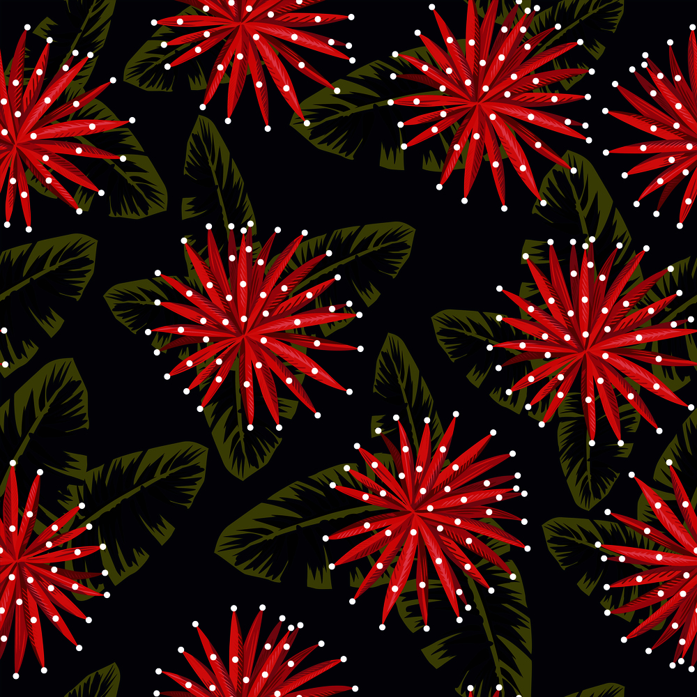 Red flowers on the night jungle background seamless pattern