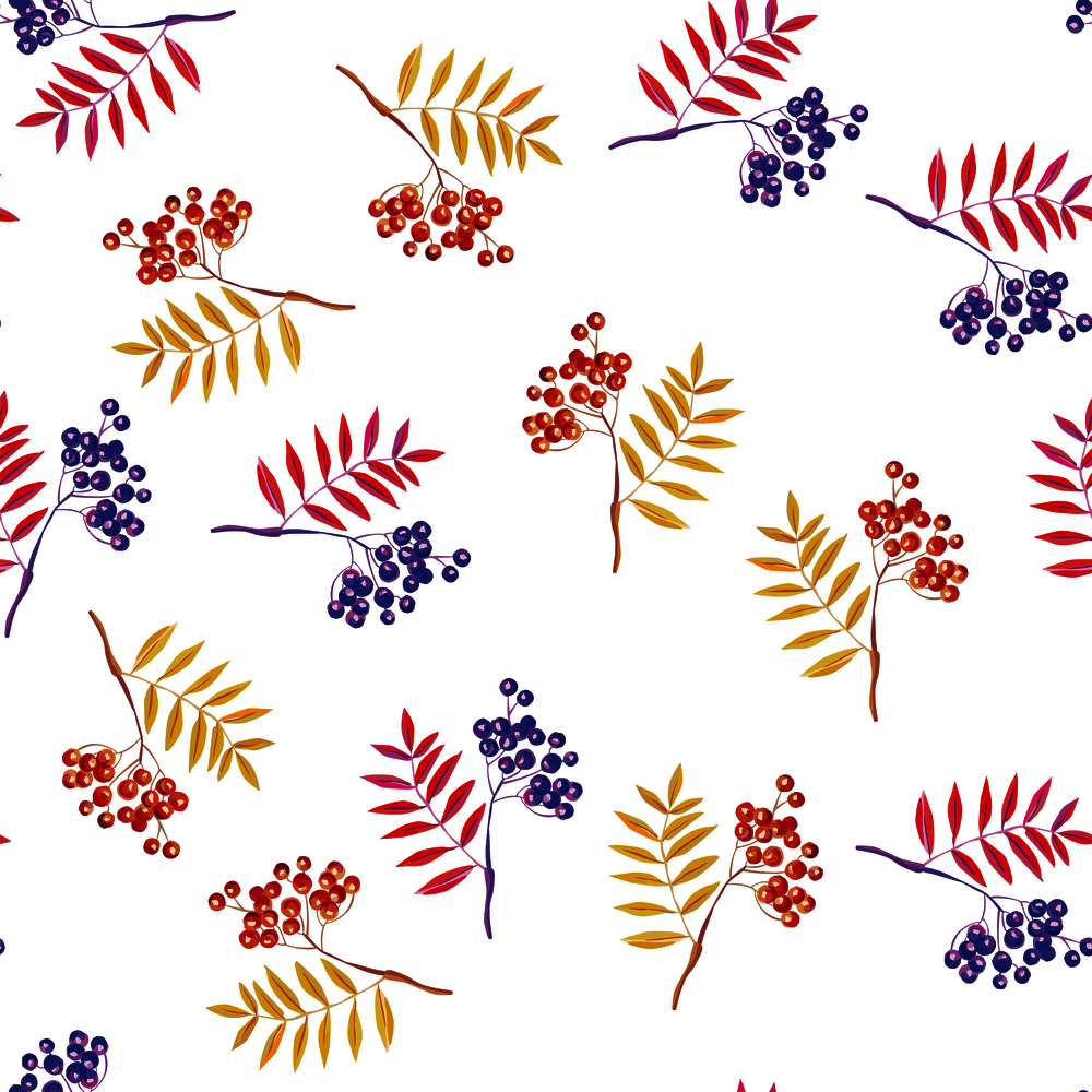Rowan branches and rowanberry seamless vector pattern on the white background