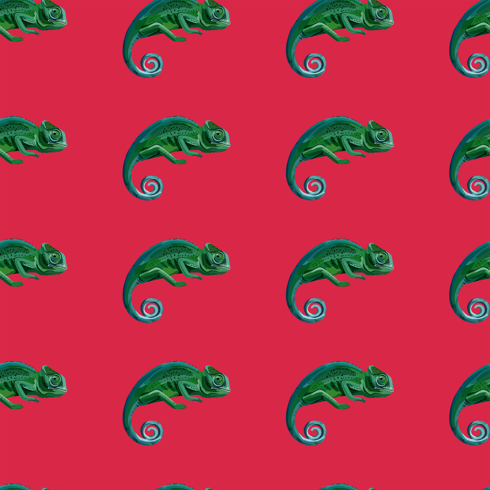 Beautiful green chameleon identical to the real animal vector image seamless pattern pink background