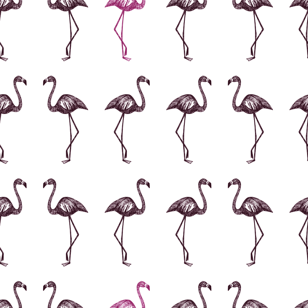 Hand drawn sketch vector flamingo bordo and pink color seamless pattern white background