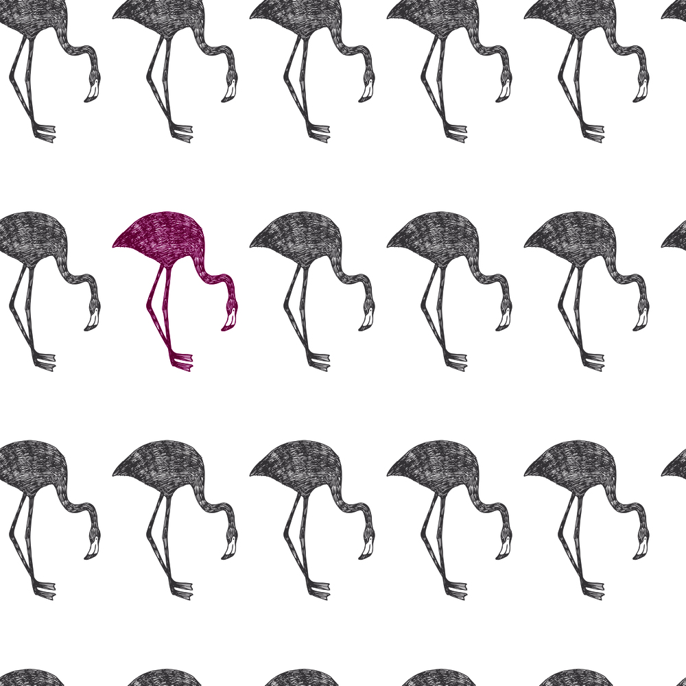 Hand drawn sketch vector flamingo grey and pink in pencil seamless pattern white background