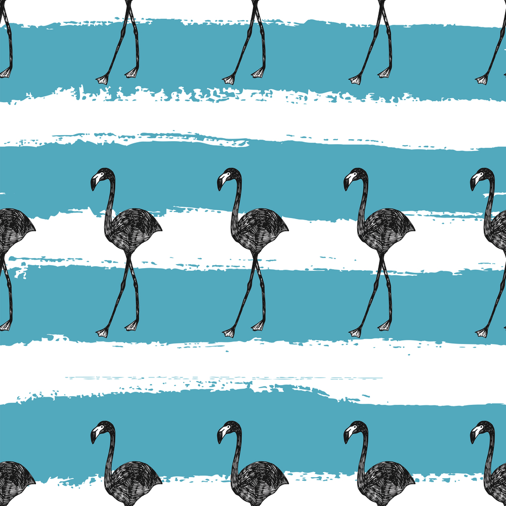 Hand drawn sketch vector flamingo in pencil seamless pattern white blue striped background