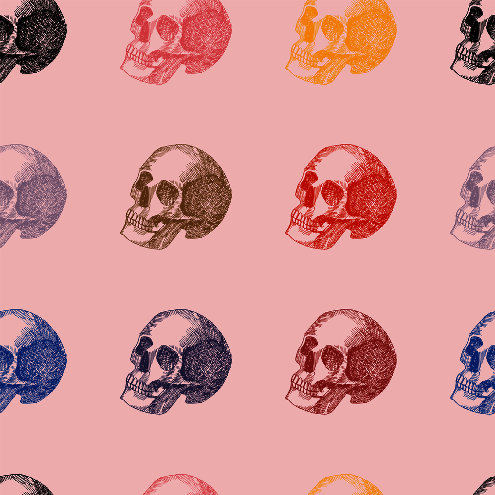 Multicolor hand drawn sketch in pencil skull seamless pattern pink background