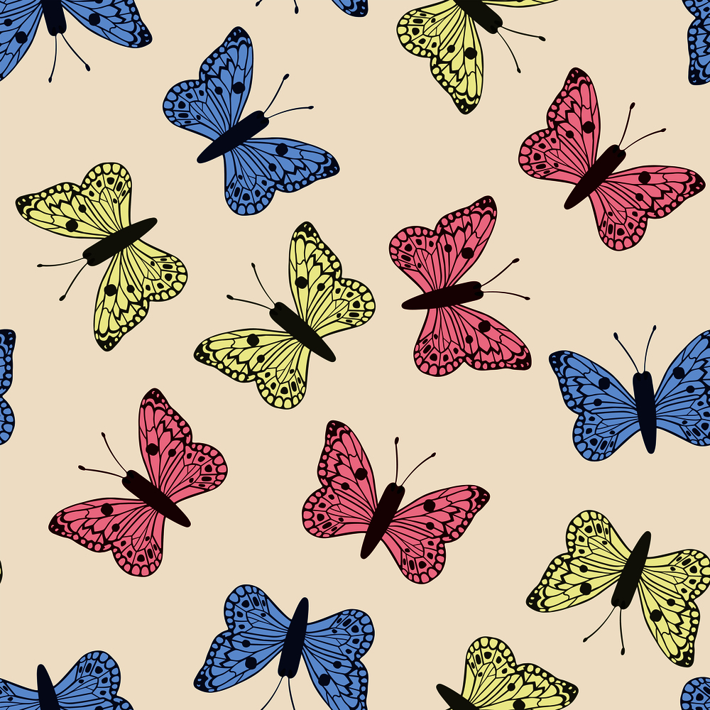 Beautiful hand drawn multicolor butterflies set seamless pattern white background. Cute cartoon wallpaper