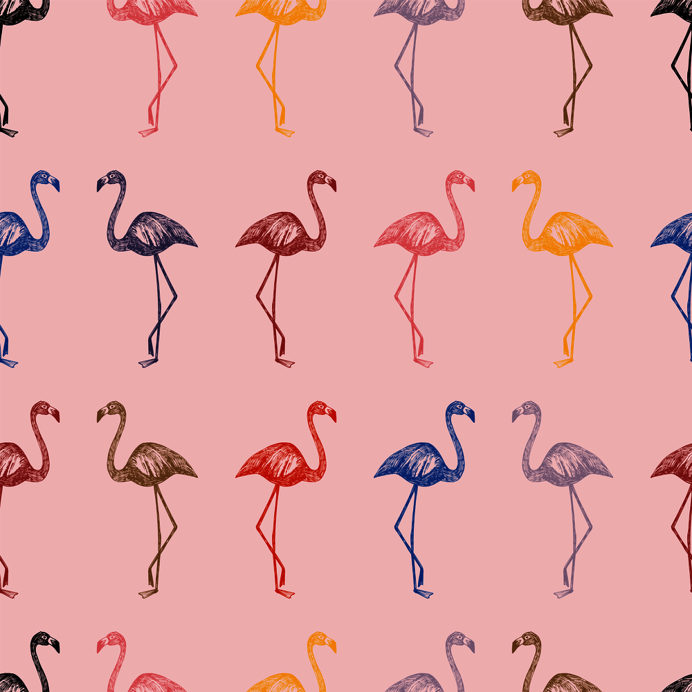 Multicolor hand drawn flamingo in penci seamless pattern pink background. Cartoon wallpaper