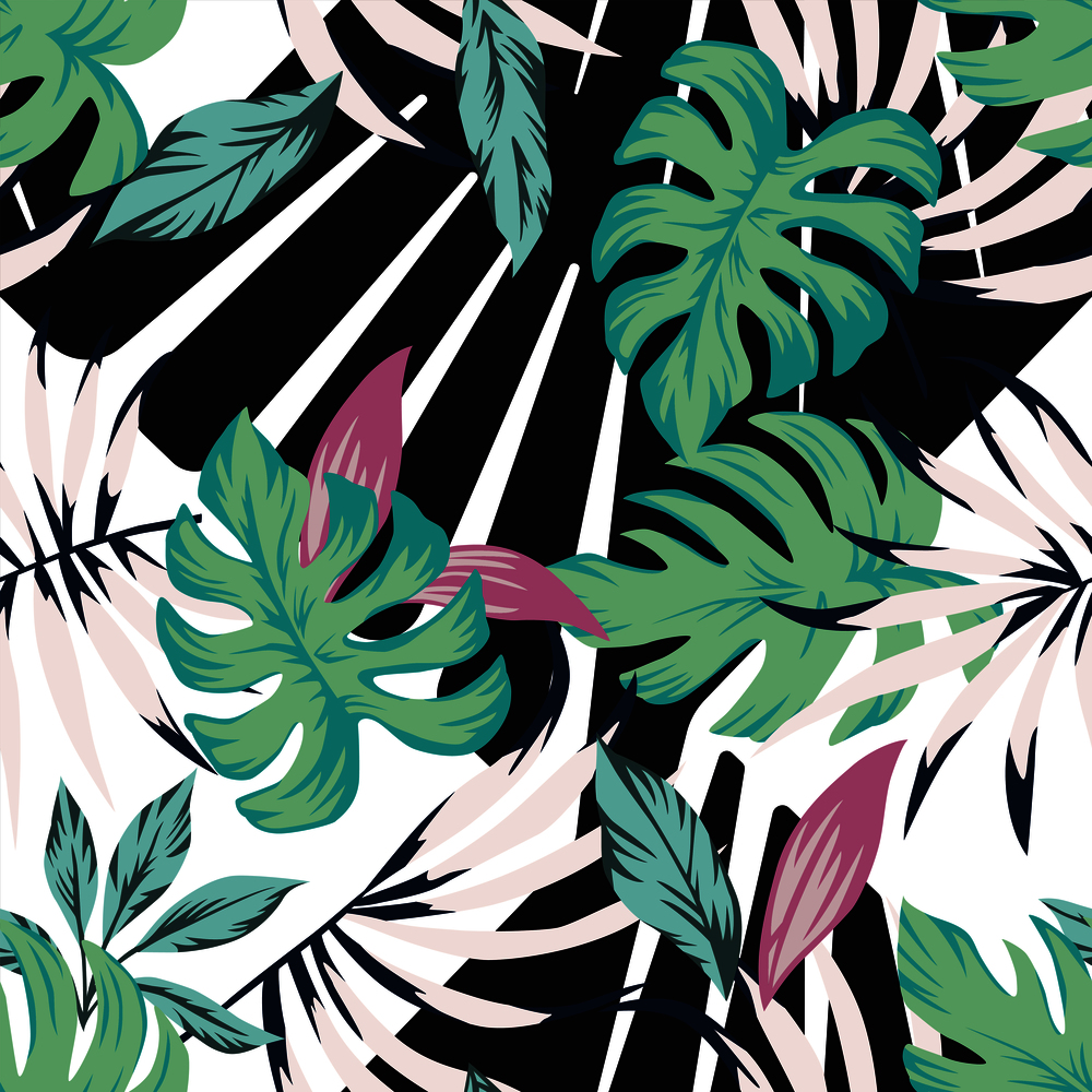 Abstract tropical pattern from exotic leaves black white seamless vector background