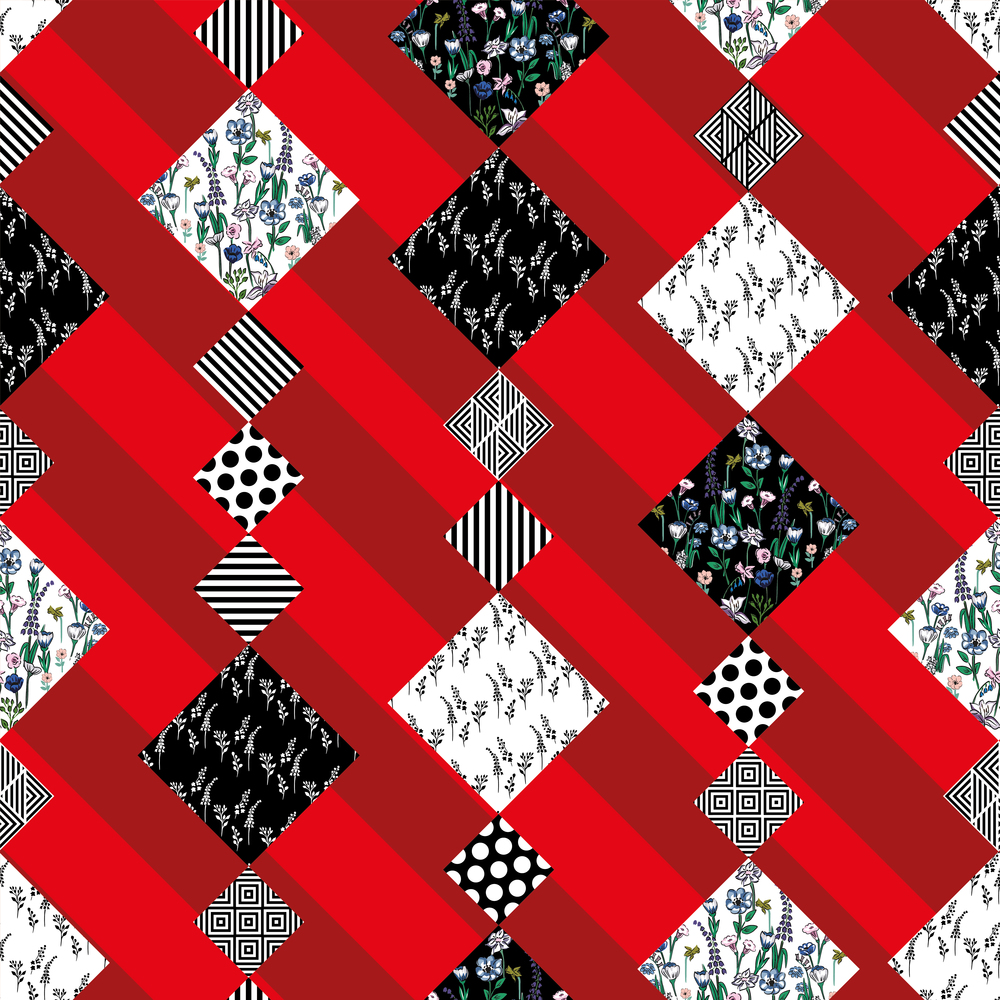 Abstract vector flowers and plants pattern seamless patchwork striped red background
