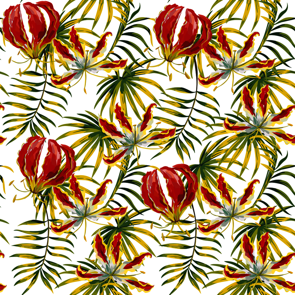Trendy flowers gloriosa painting hand drawn green tropical leaves seamless pattern vector white background