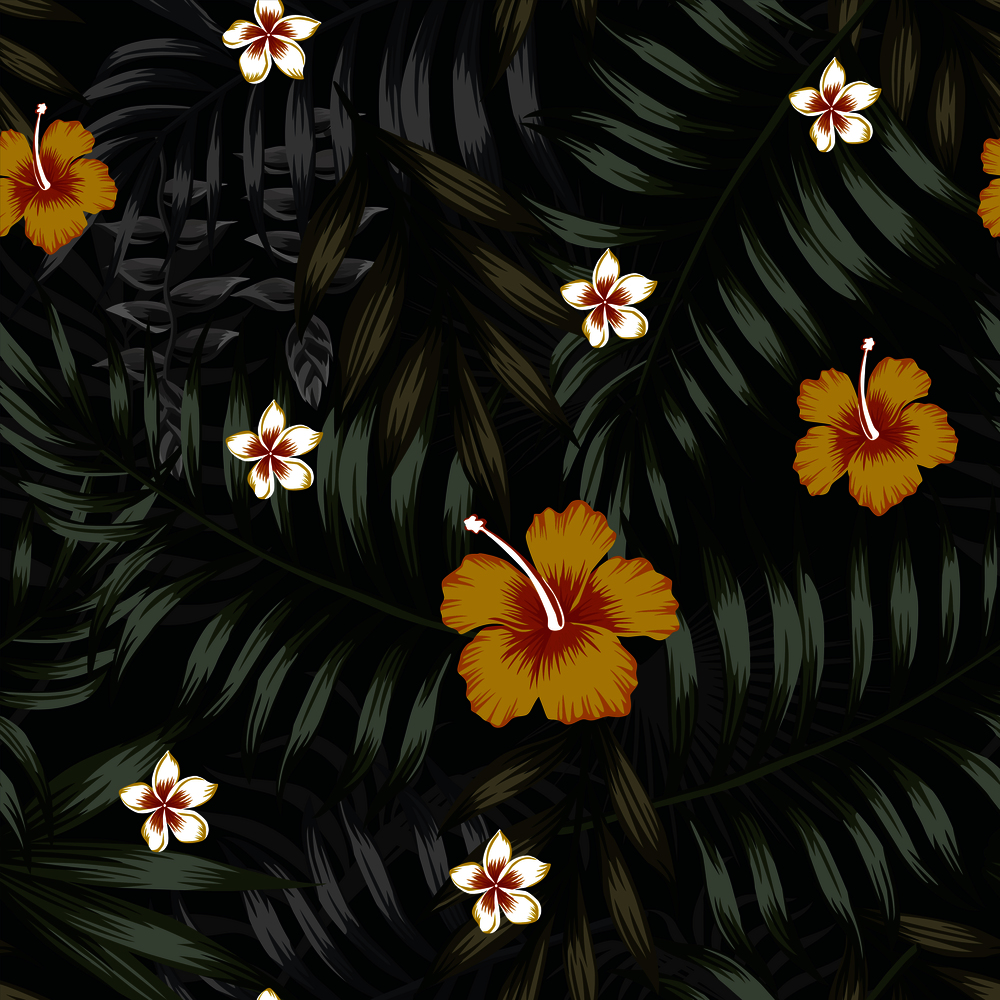 Night tropical jungle seamless pattern leaves and flowers yellow hibiscus, white plumeria black background