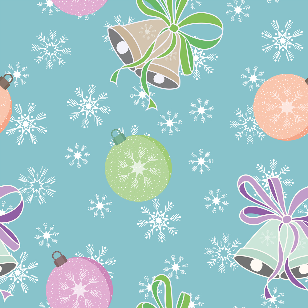 Christmas milticolor balls and bells seamless pattern snowflake blue vector background. Popular pastel color xmas wallpaper flat style