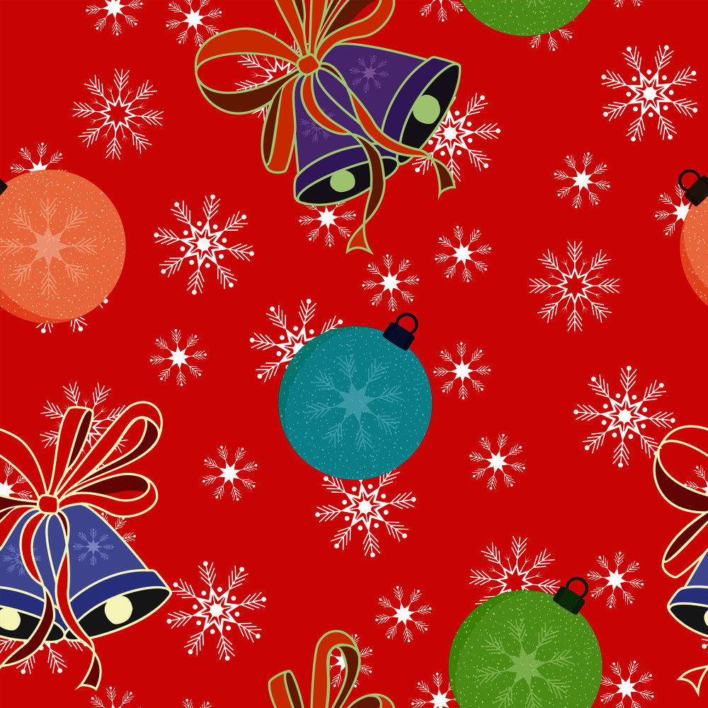 Christmas milticolor balls and bells seamless pattern snowflake red vector background. Popular bright color xmas wallpaper flat style
