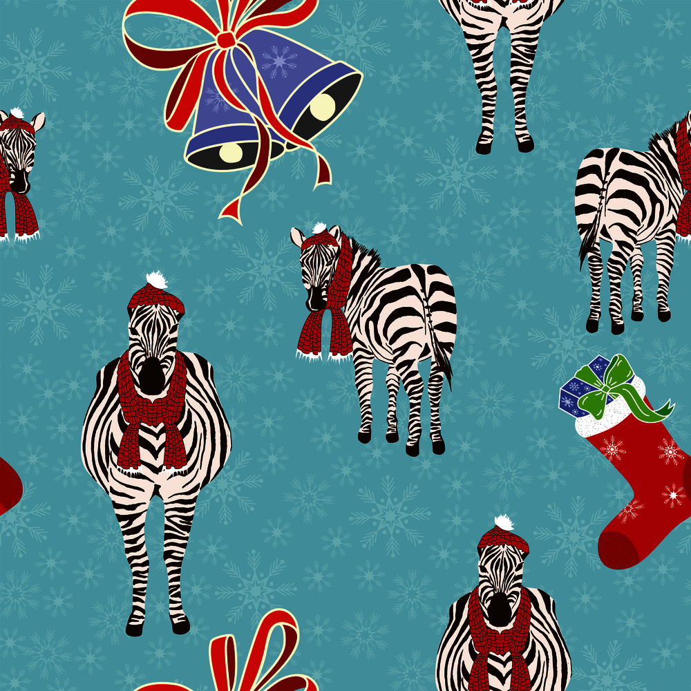 Zebra gift sock bells seamless pattern christmas snowflake blue background. Merry Christmas design. Vector winter illustration in the cartoon flat style