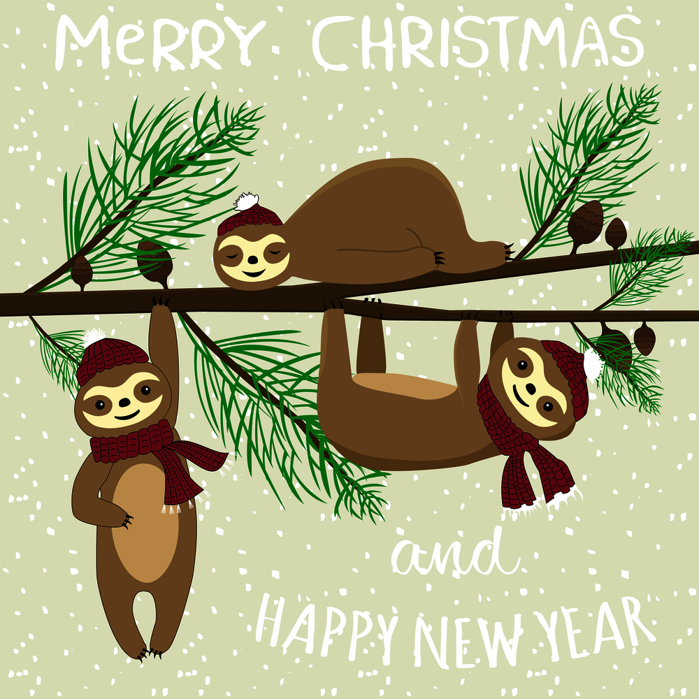 Slogan merry christmas and happy new year. Cartoon flat style happy sloth (lazybones) on the Christmas tree. Funny xmas vector card