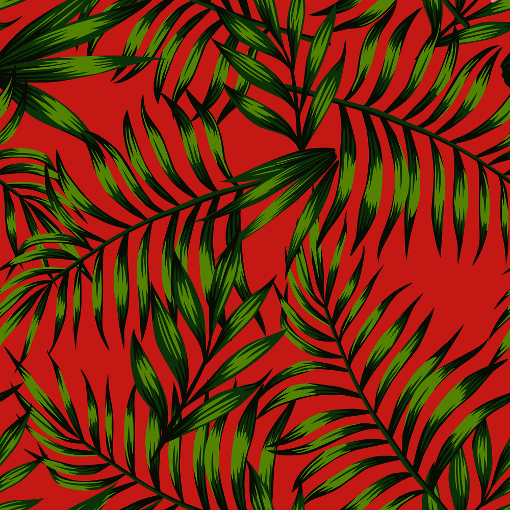 Trendy spring color living coral background green tropical leaves seamless vector summer pattern