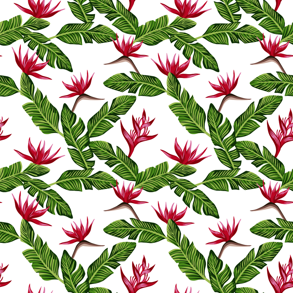 Seamless vector summer composition from green banana leaves and red flowers bird of paradise (strelizia) white background. Fresh spring pattern wallpaper