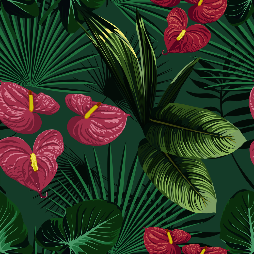 Green tropical leaves and pink flowers seamless pattern. Beach vector illustration