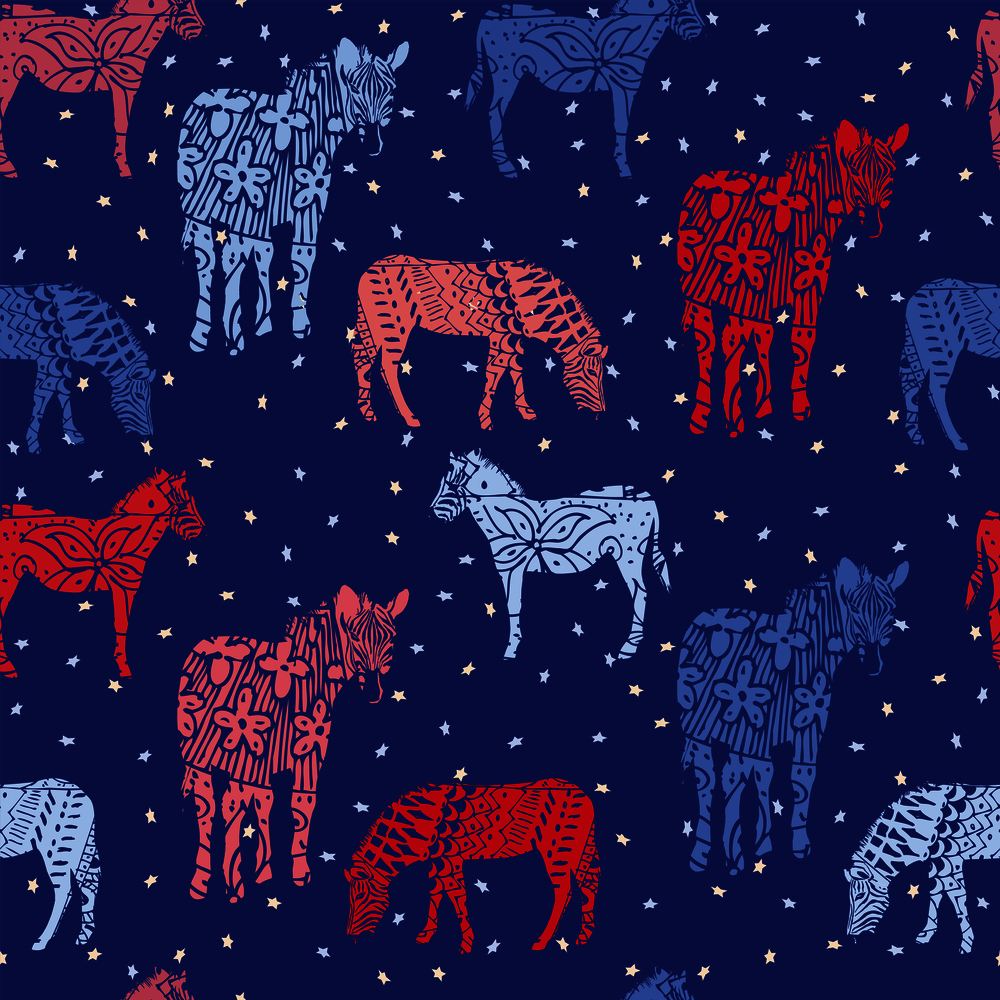 Trendy illustration abstract horse zebra star blue background. Seamless pattern vector wallpaper