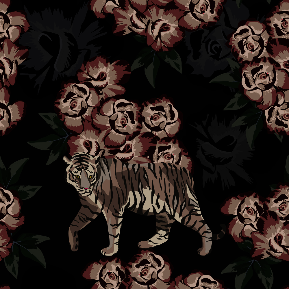 Chinese style animal tiger on the brown rose flowers background. Seamless pattern vector illustration