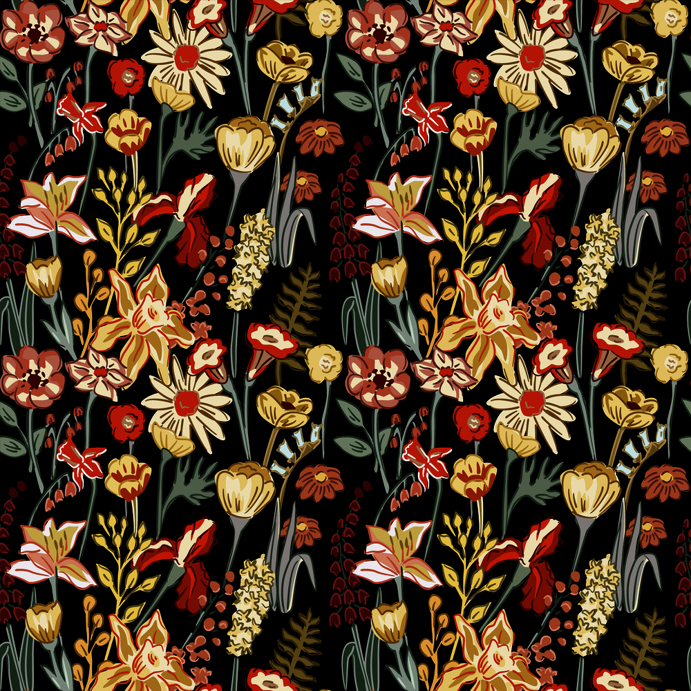 Spring hand drawn flowers and plants. Summer composition flat style seamless pattern on the black background