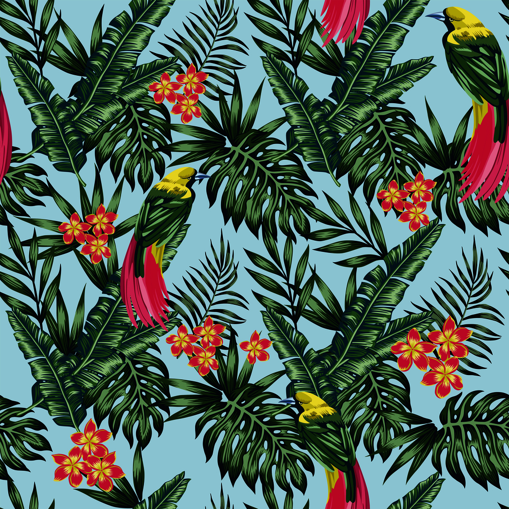 Exotic tropical birds jungle, flowers frangipani (plumeria) and green leaves blue background. Vector seamless pattern