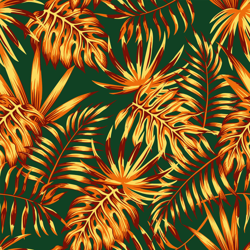Abstract color palm leaves monstera retro style seamless pattern. Spring wallpaper