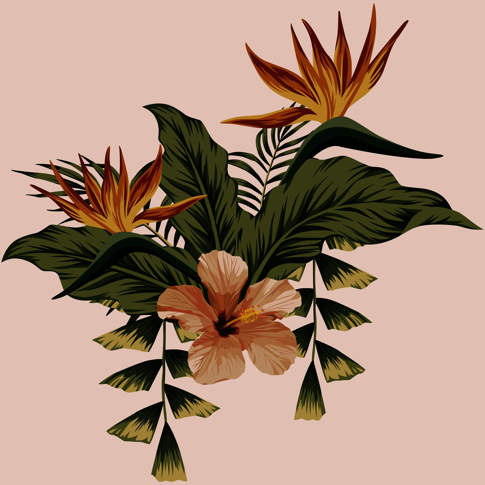 Fashion summer tropical floral composition botanical print. Hibiscus, leaves, beauty bird of paradise flowers. Spring wallpaper