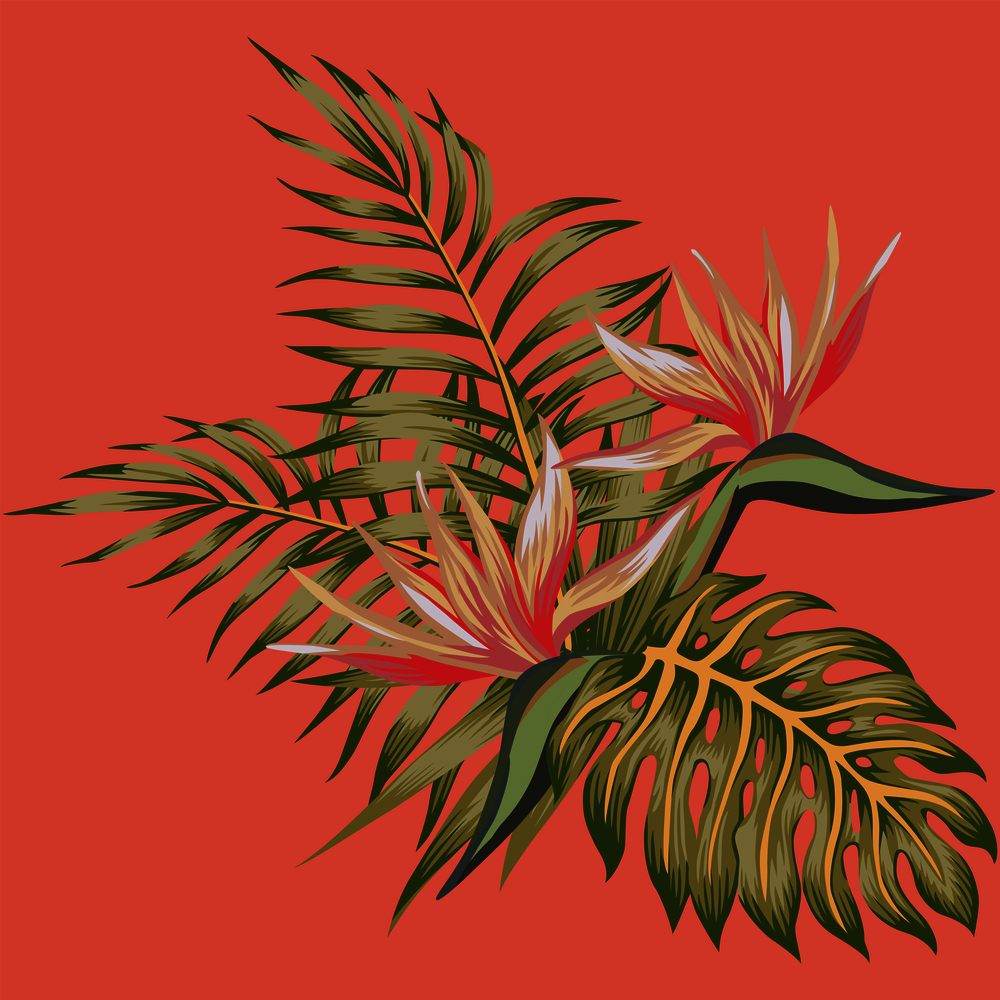 Tropical flowers bird of paradise (strelizia) and palm leaves exotic composition. Living coral background