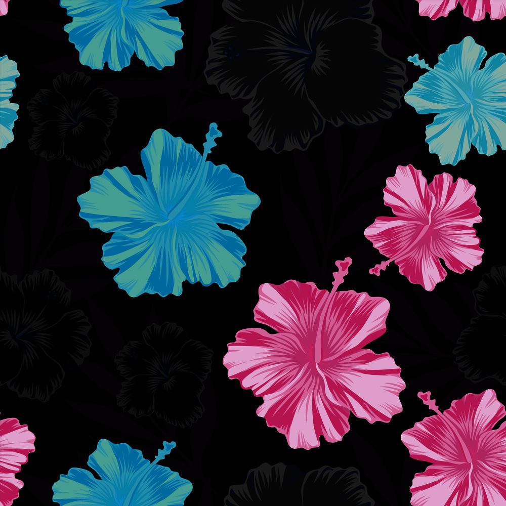 Dark abstract style floral vector pattern. Pink and blue hibiscus flowers seamless black background