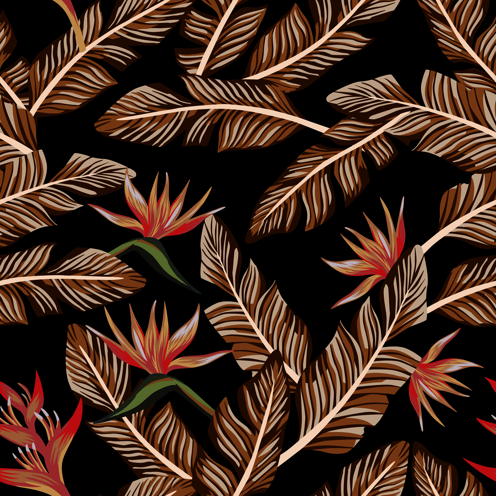 Seamless vector composition tropical banana leaves and flowers bird of paradise (strelizia) black background