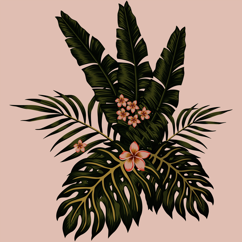 Vector tropical leaves and frangipani (plumeria) flowers spring composition hawaiian style