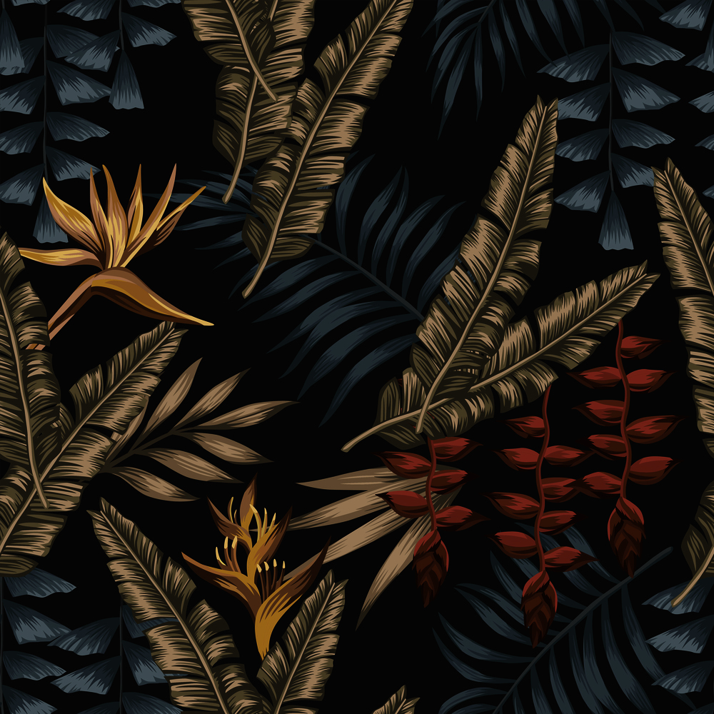 Night exotic jungle with gold tropical flowers bird of paradise (strelizia) seamless fabric t-shirt. Summer wallpaper black background