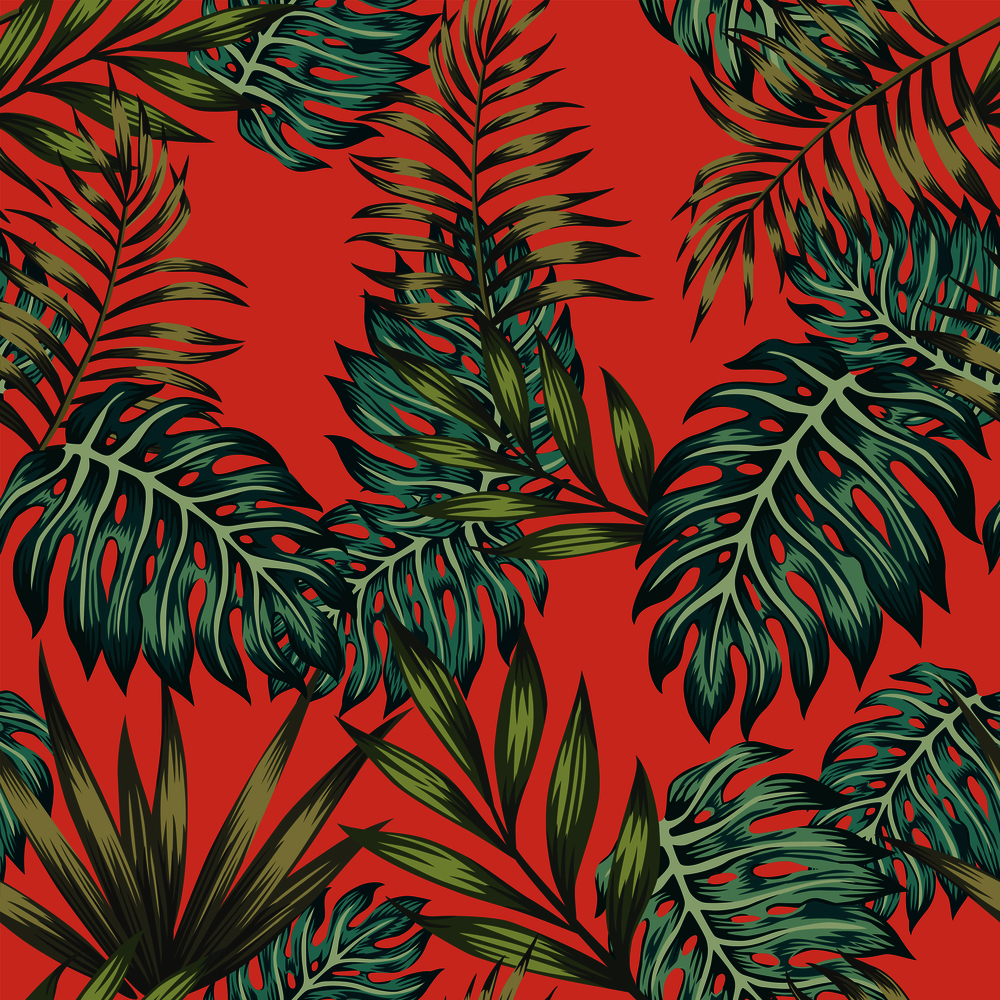 Multicolored exotic tropical leaves monstera seamless pattern trendy living coral background