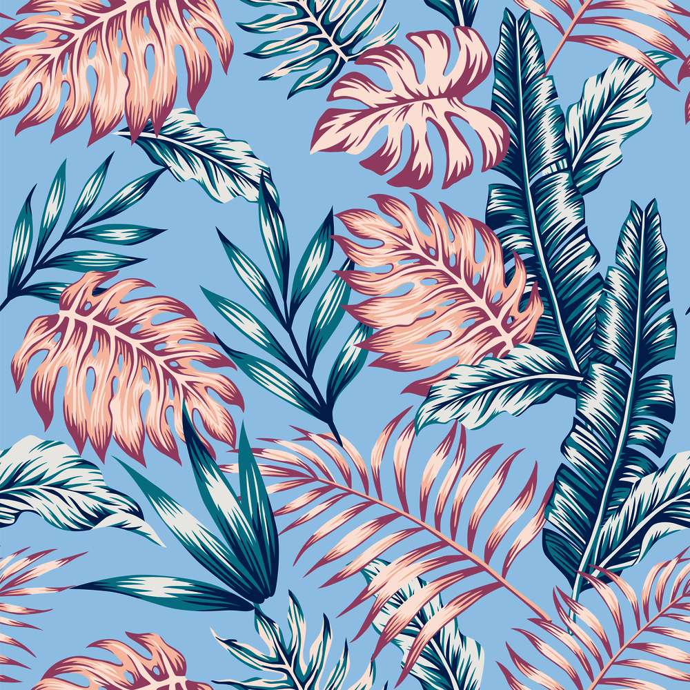 Spring floral seamless composition abstract color realistic tropical leaves blue background. Summer exotic pattern wallpaper