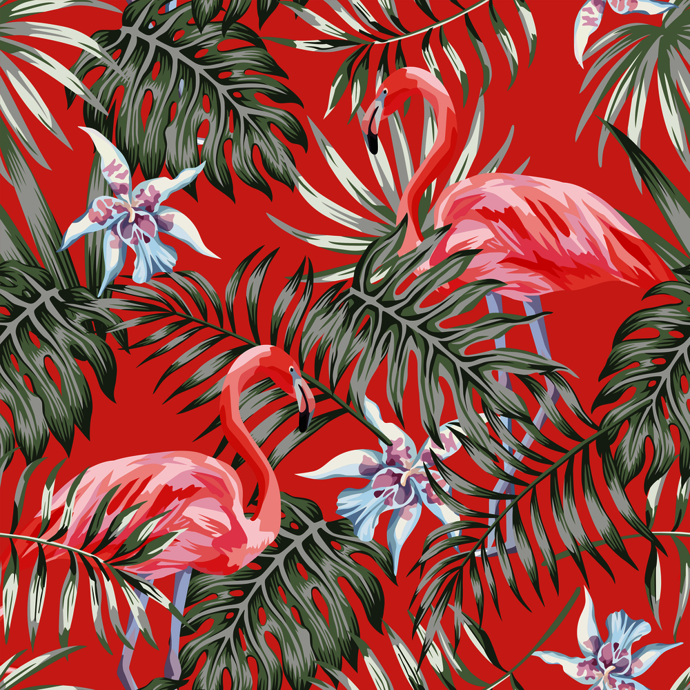 Exotic tropcal bird pink flamingo, palm leaves and flowers. Trendy living coral background pattern vector seamless