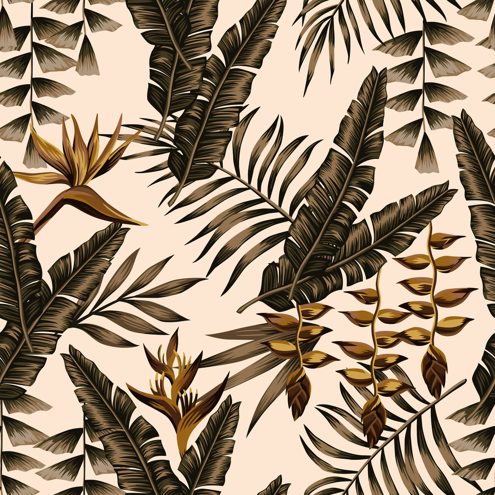 Gold flowers bird of paradise, brown tropical leaves seamless vector pattern white background