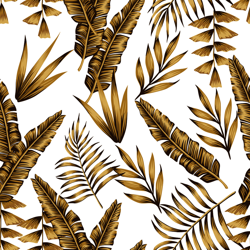 Expensive gold tropical leaves seamless vector pattern white background