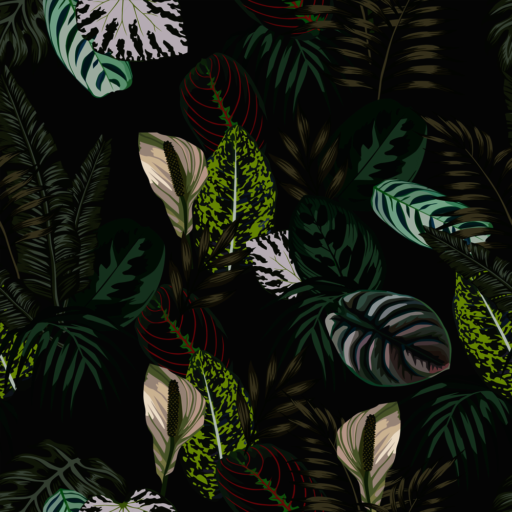 Botanical tropical composition. Realistic vector exotic leaves seamless pattern black background
