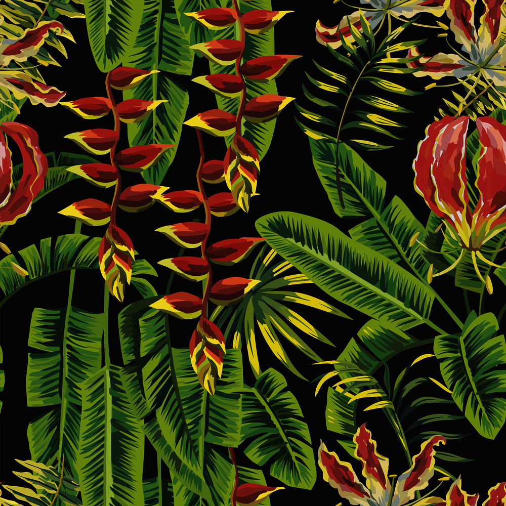 Exotic tropical composition green banana leaves and red flowers seamless vector pattern on the black background