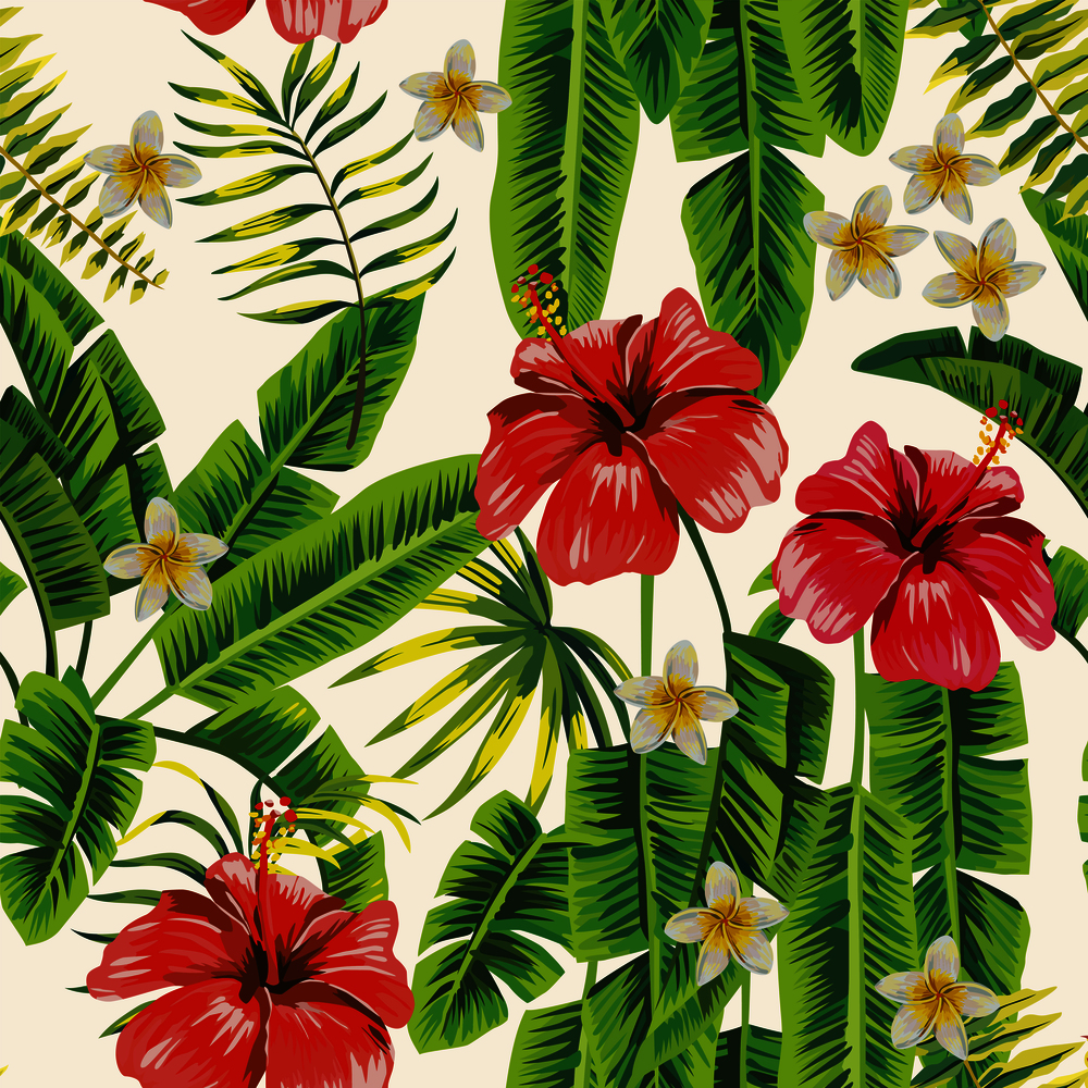 Exotic botanical pattern realistic green palm leaves and red hibiscus, white plumeria flowers seamless on the white background