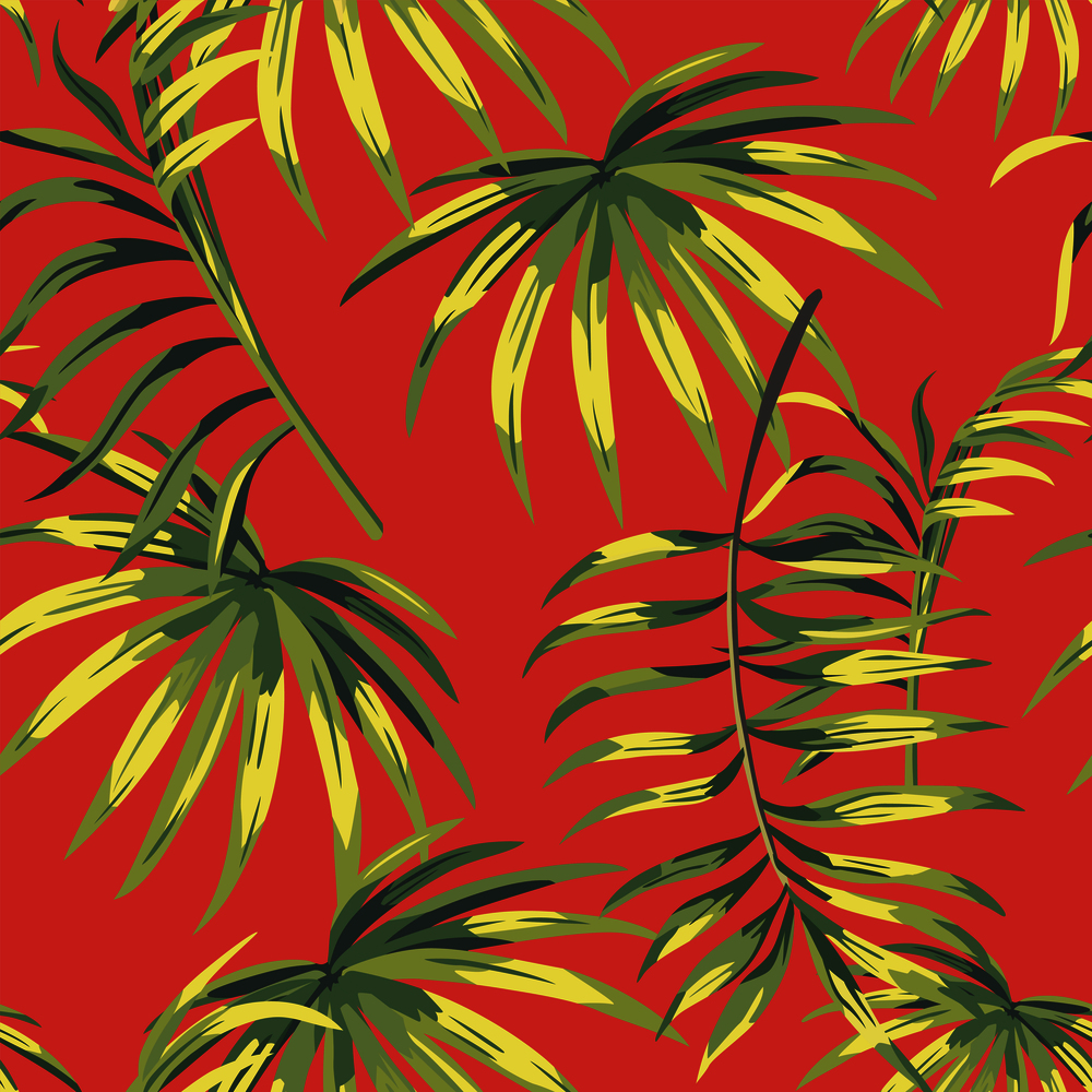 Seamless botanical composition green tropical leaves on the living coral background. Trendy vector pattern